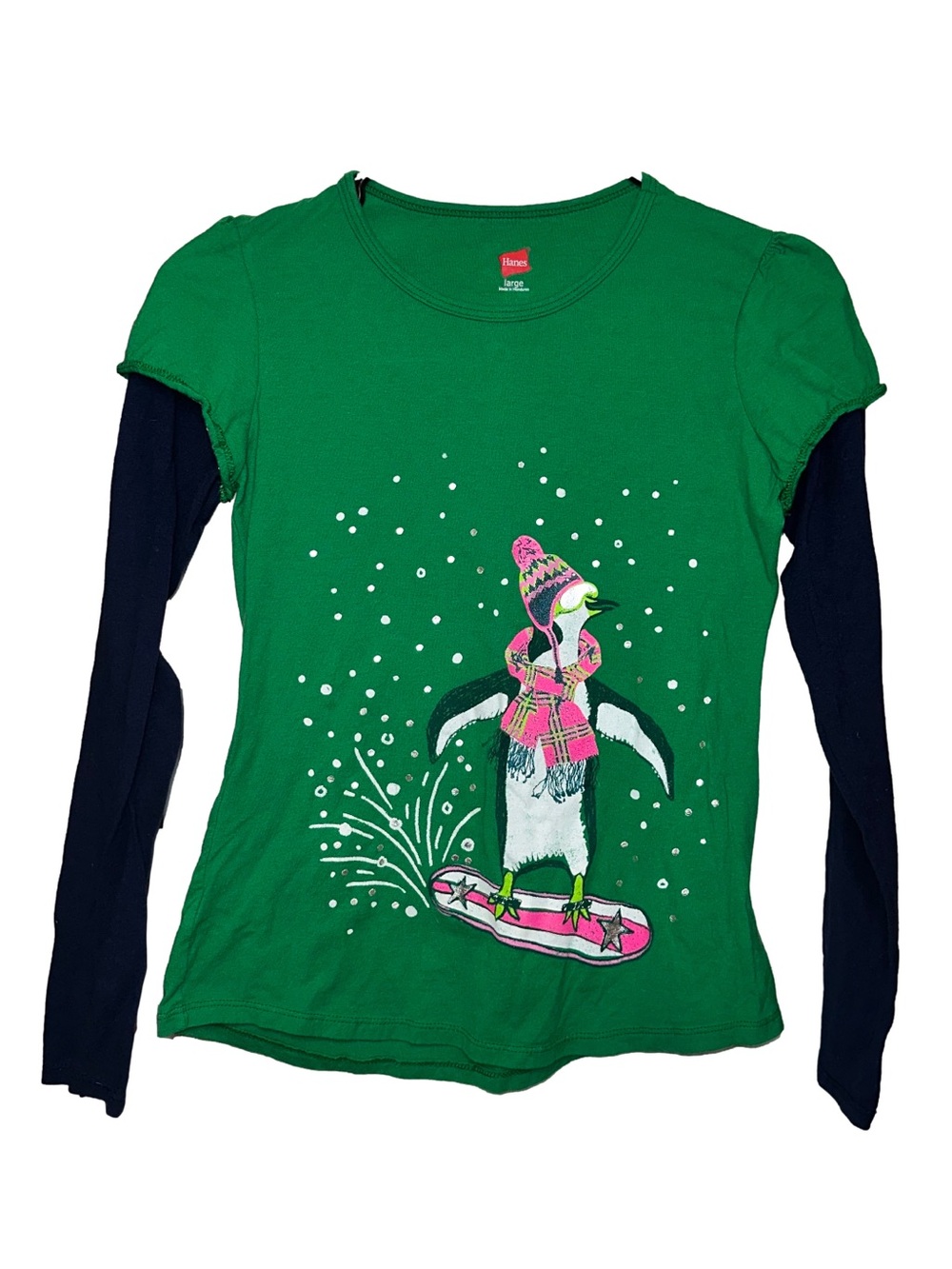 Hanes Green Long-Sleeve Layered Look Top with Penguin Snowboarding